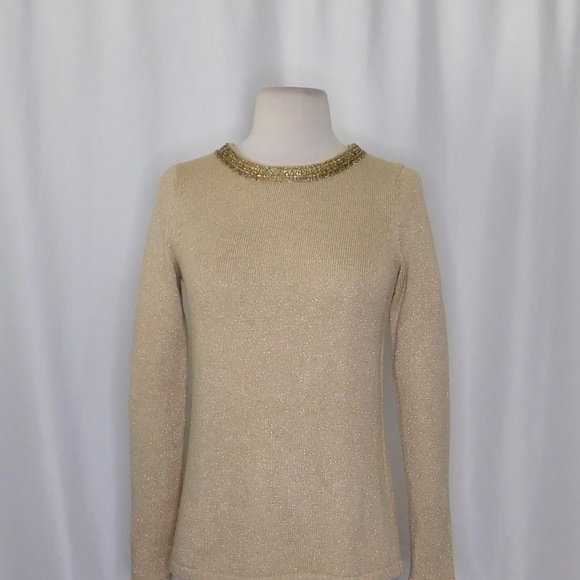 J. MCLAUGHLIN Metallic Gold Beaded Neckline Pullover Sweater Beading X-Small - Picture 4 of 11